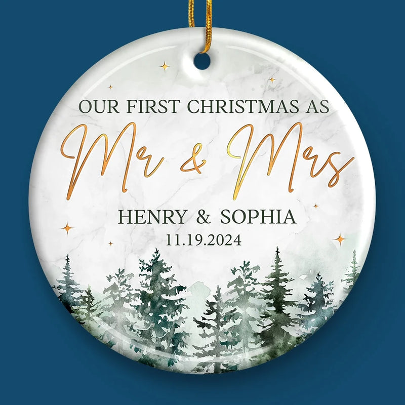 First Christmas Married - Couple Personalized Custom Ornament - Ceramic Round Shaped - Christmas Gift For Husband Wife, Anniversary, First Christmas