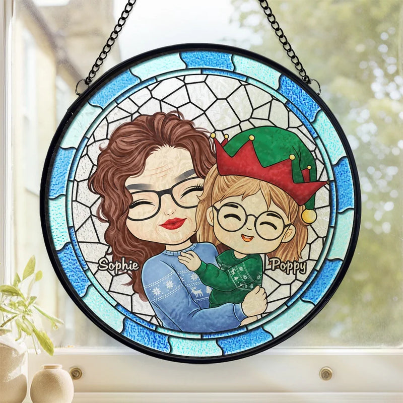 Grandma's Hugs Make Christmas Warm And Bright - Family Personalized Custom Stained Glass Window Hanging Suncatcher - Christmas Gift For Mom, Grandma