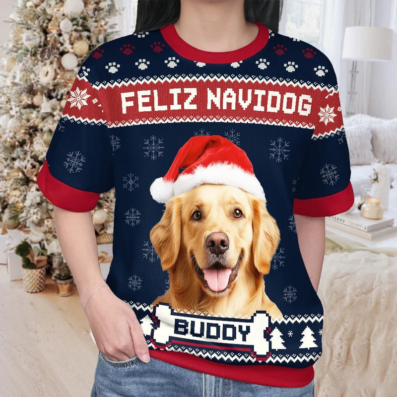 Custom Photo Feliz Navidog - Dog Personalized Custom All Over Print Adult Short Sleeve Sweater - Christmas Gift For Pet Owners, Pet Lovers