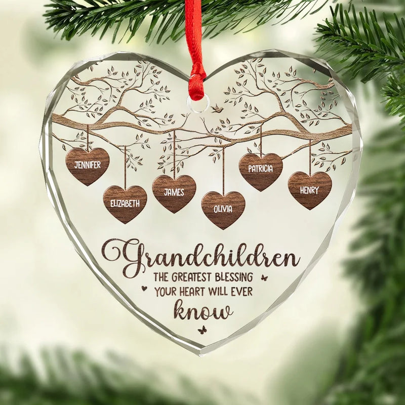Grandkids Make Life More Grand - Family Personalized Custom Heart Glass Ornament - Christmas Gift For Grandma