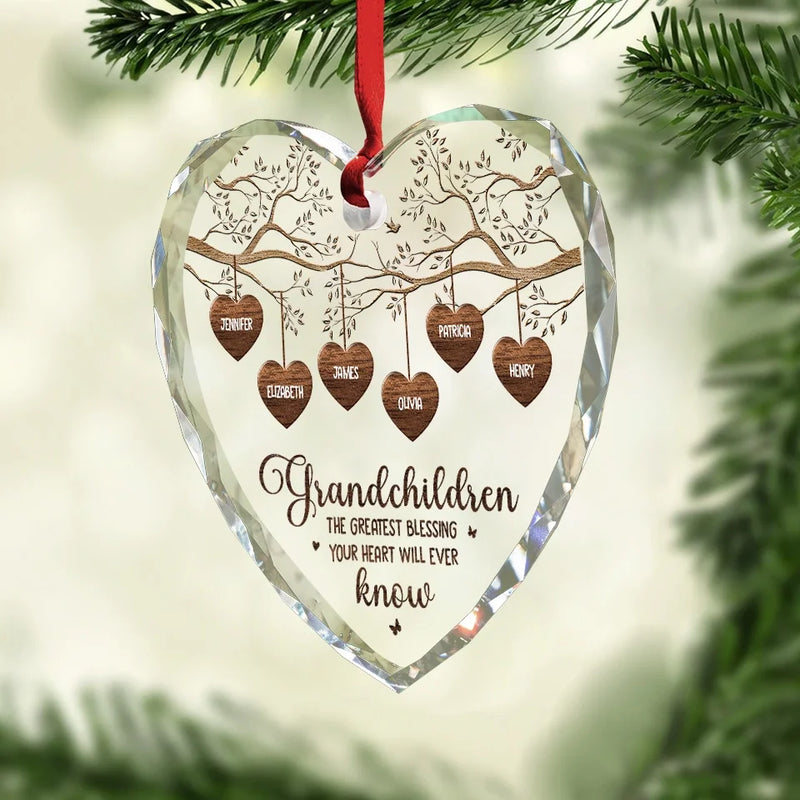 Grandkids Make Life More Grand - Family Personalized Custom Heart Glass Ornament - Christmas Gift For Grandma