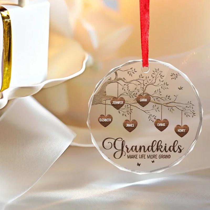 Grandchildren Are The Joy In A Grandma's Heart - Family Personalized Custom Circle Glass Ornament - Christmas Gift For Grandma