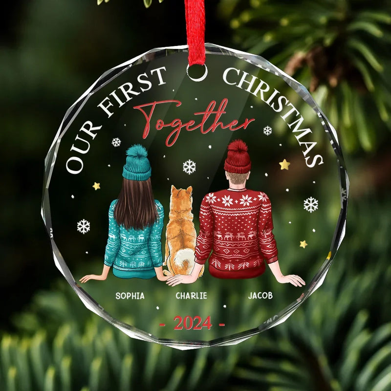 Our First Christmas Together - Dog & Cat Personalized Custom Circle Glass Ornament - Christmas Gift For Husband Wife, Anniversary, First Christmas, Pet Owners, Pet Lovers