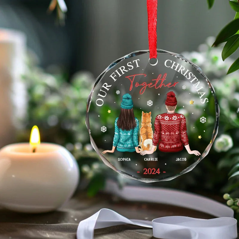 Our First Christmas Together - Dog & Cat Personalized Custom Circle Glass Ornament - Christmas Gift For Husband Wife, Anniversary, First Christmas, Pet Owners, Pet Lovers