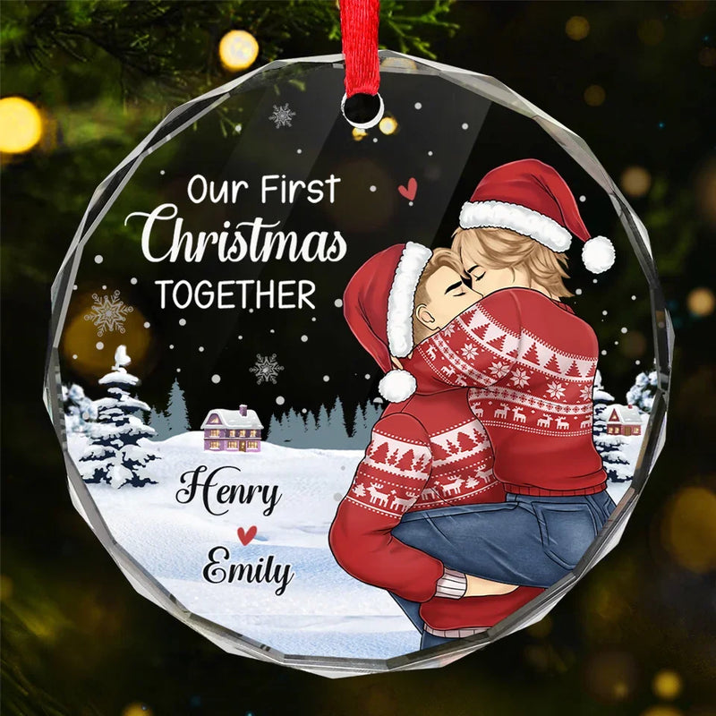 Our First Christmas - Couple Personalized Custom Circle Glass Ornament - Gift For Husband Wife, Anniversary, First Christmas