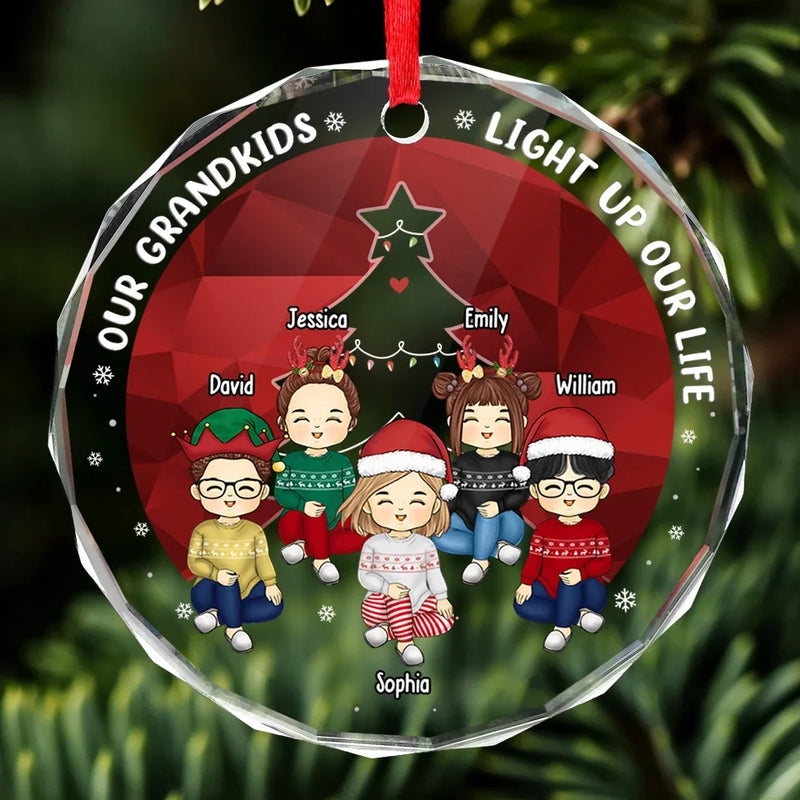 Our Grandkids Light Up Our Life - Family Personalized Custom Circle Glass Ornament - Christmas Gift For Grandma, Grandkids