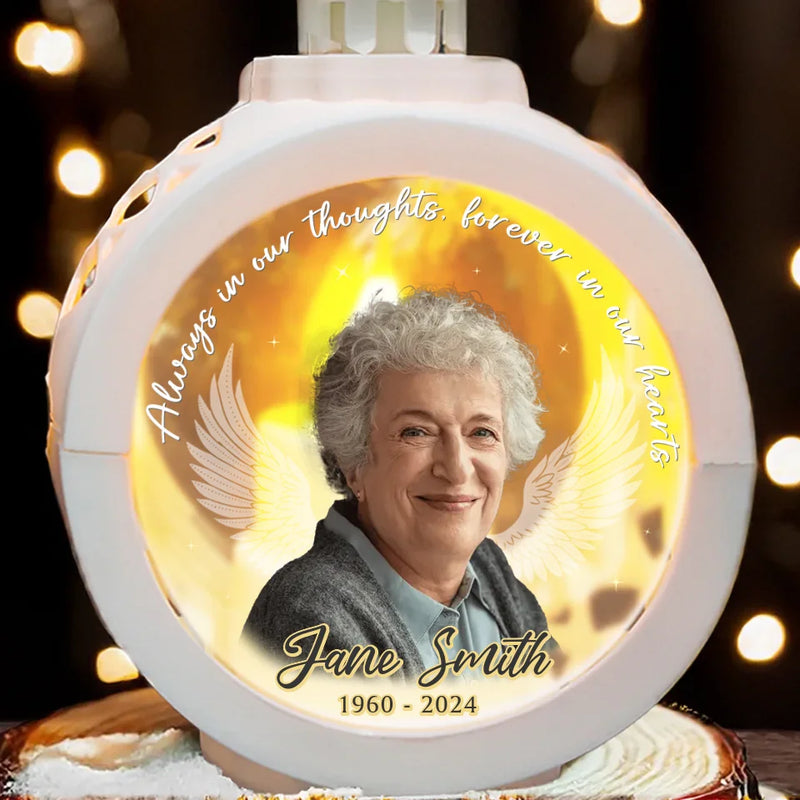 Custom Photo Your Light Will Always Shine In Our Hearts - Memorial Personalized Custom Candlelight Lantern Ornament - Sympathy Gift, Christmas Gift For Family Members