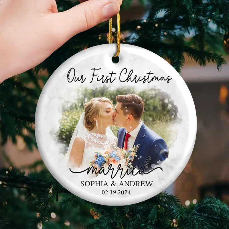 Custom Photo Our First Year Married - Couple Personalized Custom Ornament - Ceramic Round Shaped - New Arrival, Christmas Gift For Husband Wife, Anniversary, First Christmas AMZ