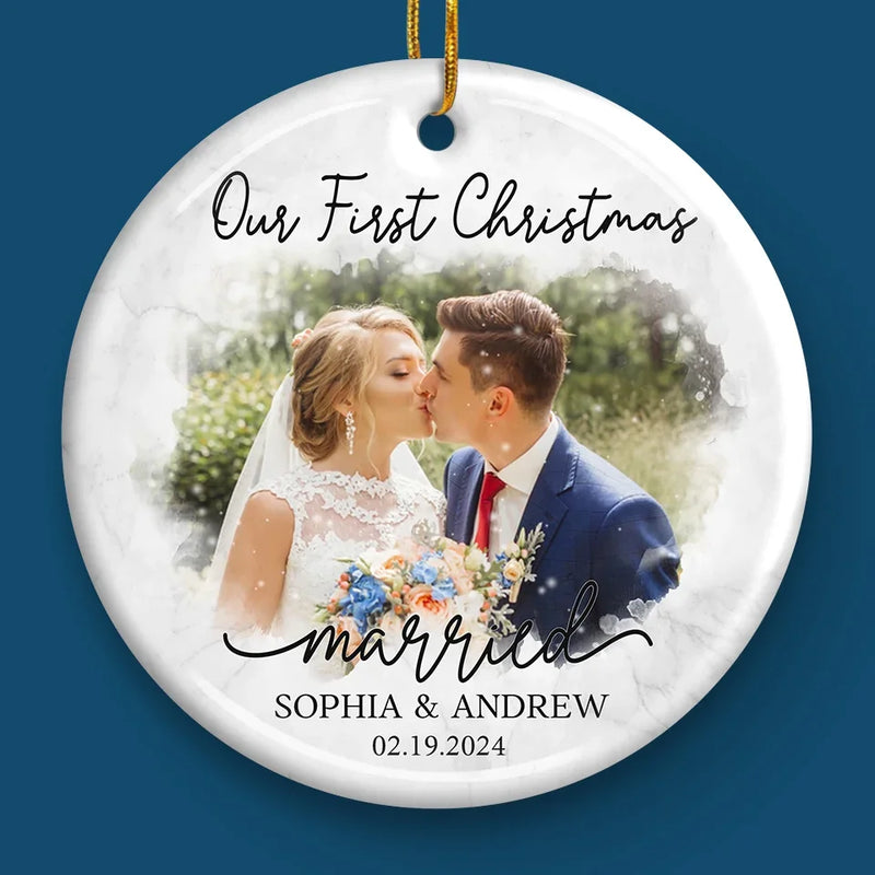 Custom Photo Our First Year Married - Couple Personalized Custom Ornament - Ceramic Round Shaped - New Arrival, Christmas Gift For Husband Wife, Anniversary, First Christmas AMZ