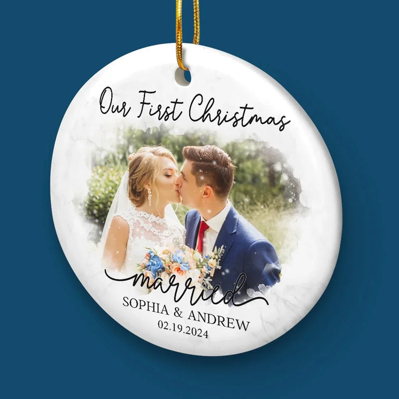 Custom Photo Our First Year Married - Couple Personalized Custom Ornament - Ceramic Round Shaped - New Arrival, Christmas Gift For Husband Wife, Anniversary, First Christmas AMZ