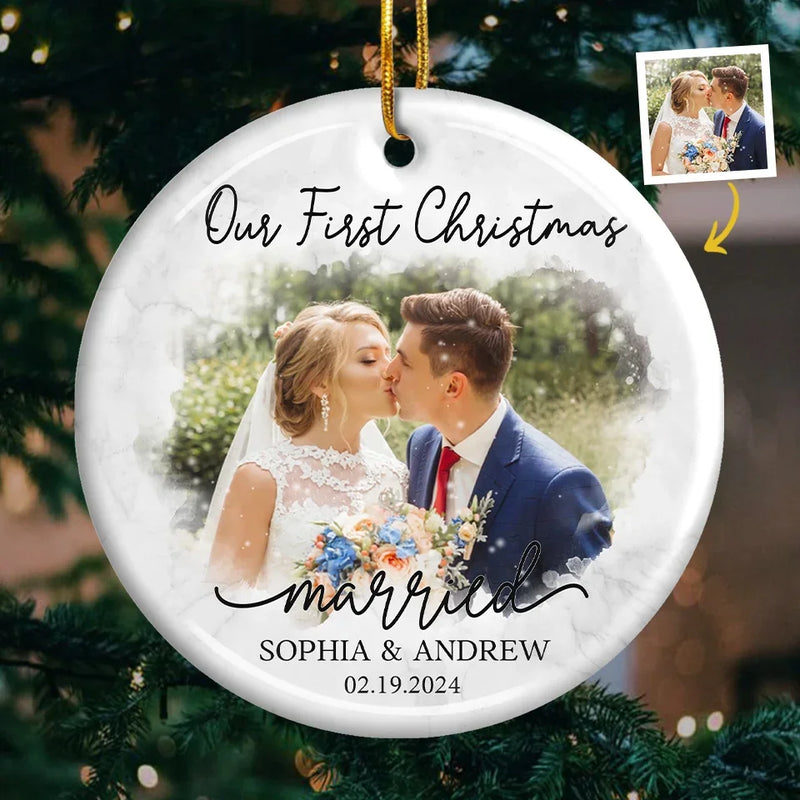 Custom Photo Our First Year Married - Couple Personalized Custom Ornament - Ceramic Round Shaped - New Arrival, Christmas Gift For Husband Wife, Anniversary, First Christmas AMZ