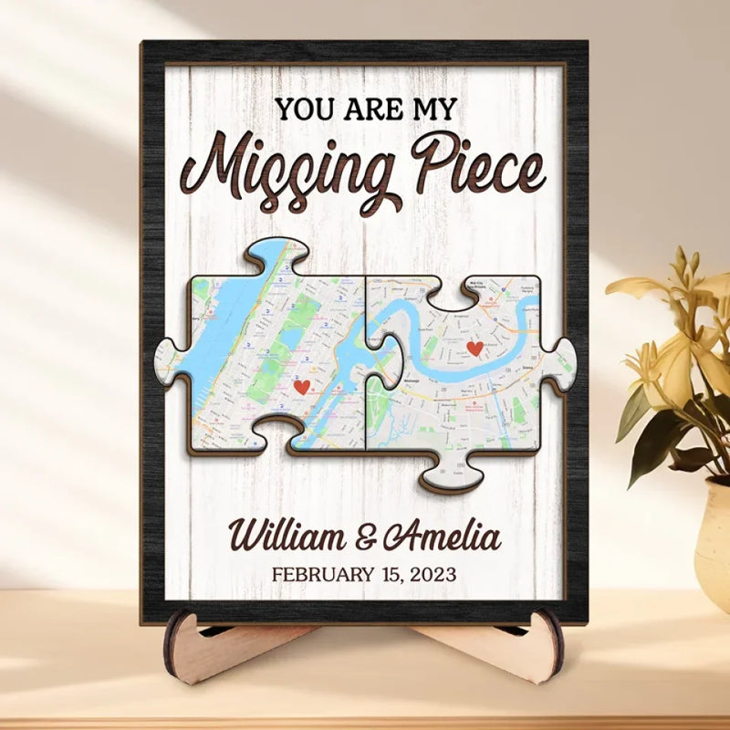 Location Map Love Knows No Distance - Couple Personalized Custom Map 2-Layered Wooden Plaque With Stand - Map Art, Christmas Gift For Husband Wife, Anniversary