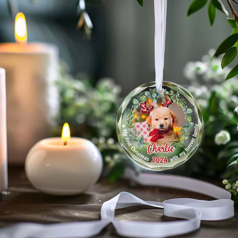 Custom Photo Celebrate Christmas With Furry Friends - Dog & Cat Personalized Custom Circle Glass Ornament - New Arrival, Christmas Gift For Pet Owners, Pet Lovers, First Christmas AMZ