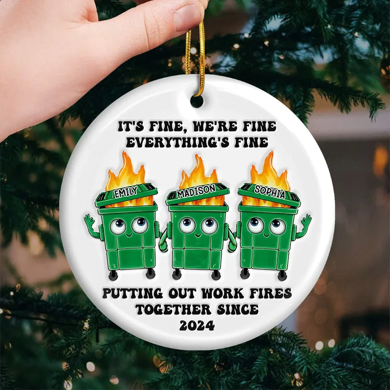 Putting Out Work Fires Together - Coworker Personalized Custom Ornament - Ceramic Round Shaped - Christmas Gift, Gift For Coworkers, Work Friends, Colleagues