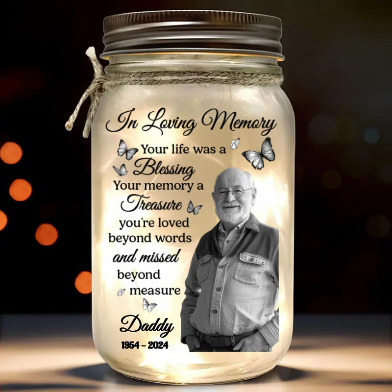 Custom Photo Loved Deeply, Missed Dearly - Memorial Personalized Custom Mason Jar Light - Sympathy Gift For Family Members