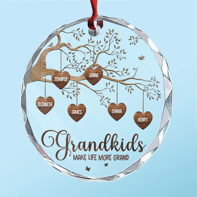Grandma’s Love Is The Root Of Our Family Tree - Family Personalized Custom Round Glass Ornament Car Hanger - Gift For Grandma