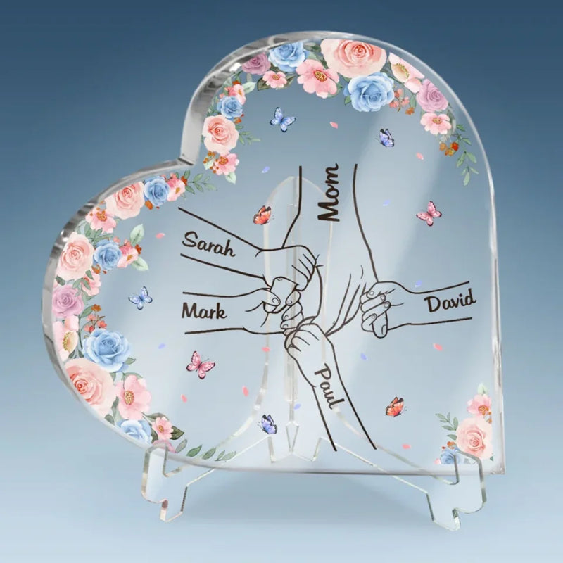 These Hands Hold My Whole World - Family Personalized Custom Heart Shaped Acrylic Plaque - Gift For Mom, Grandma