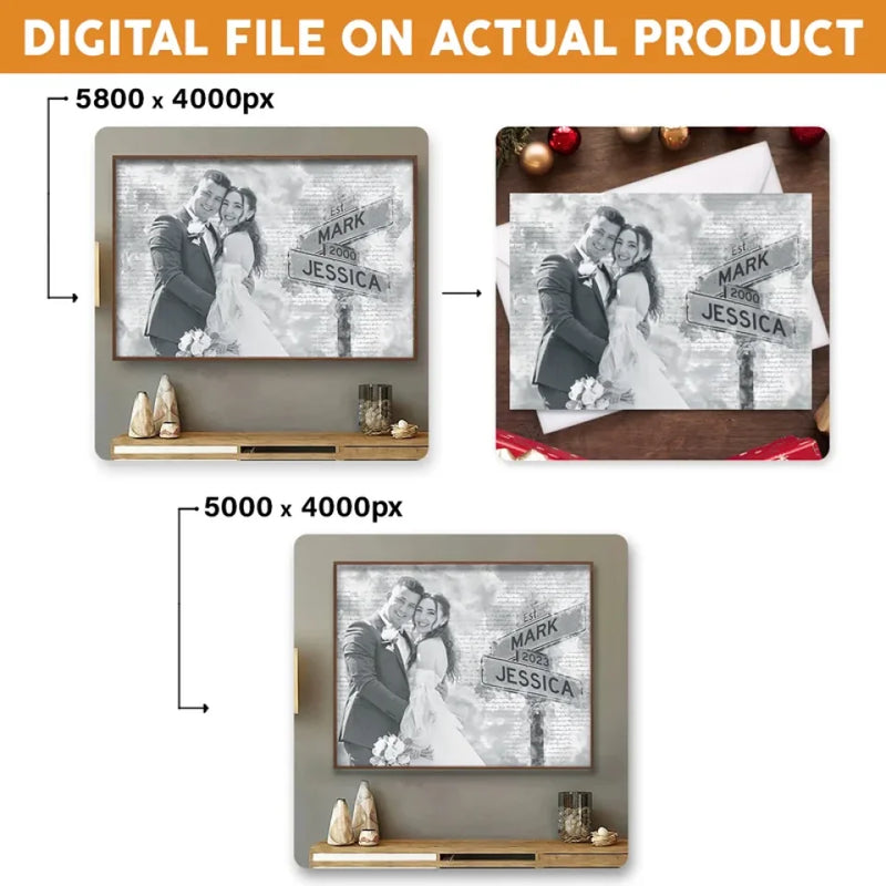 Printable Digital File, Digital PNG Download - Custom Photo Couple Personalized Horizontal File - Gift For Husband Wife, Anniversary