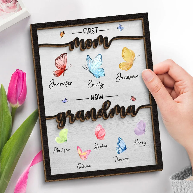 My First Home Was In Her Heart - Family Personalized Custom 2-Layered Wooden Plaque With Stand - Gift For Mom, Grandma