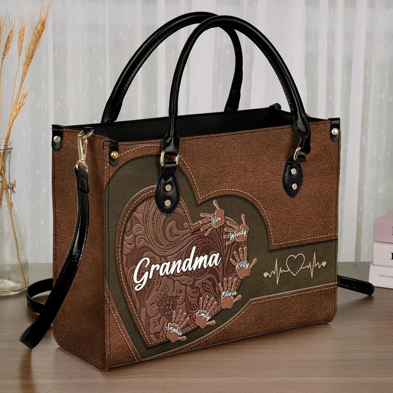 My Heart Belongs To My Grandkids - Family Personalized Custom Leather Handbag - Gift For Mom, Grandma