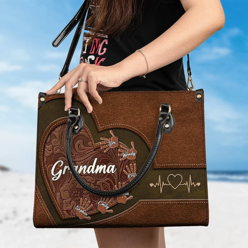 My Heart Belongs To My Grandkids - Family Personalized Custom Leather Handbag - Gift For Mom, Grandma