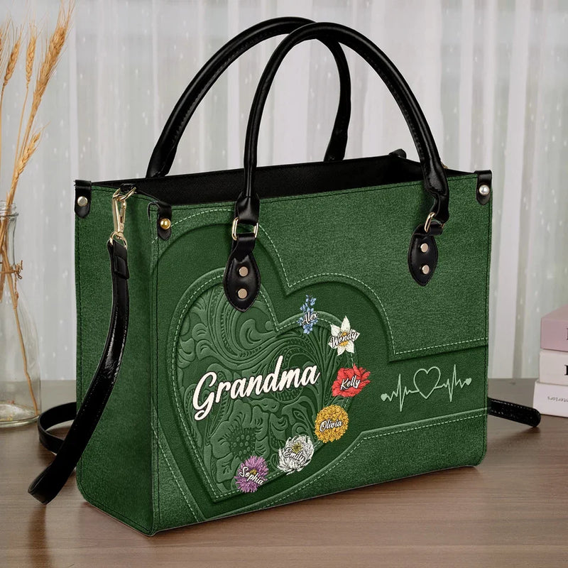 Every Grandma Is A Flower That Never Fades - Family Personalized Custom Leather Handbag - Gift For Mom, Grandma