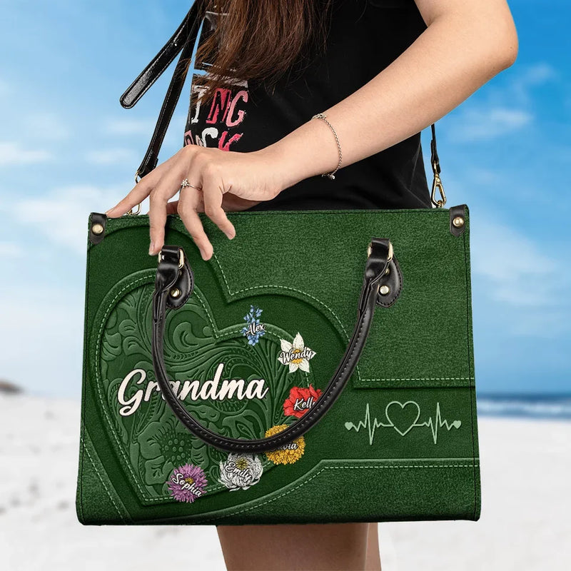 Every Grandma Is A Flower That Never Fades - Family Personalized Custom Leather Handbag - Gift For Mom, Grandma