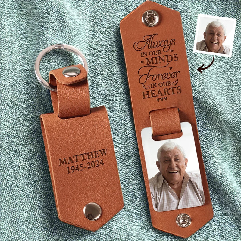 Custom Photo My Mind Still Talks To You - Memorial Personalized Custom Engraved Leather Keychain - Sympathy Gift For Family Members