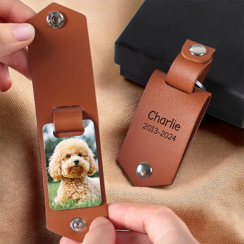 Custom Photo You Will Never Leave My Heart - Memorial Personalized Custom Engraved Leather Keychain - Sympathy Gift For Pet Owners, Pet Lovers