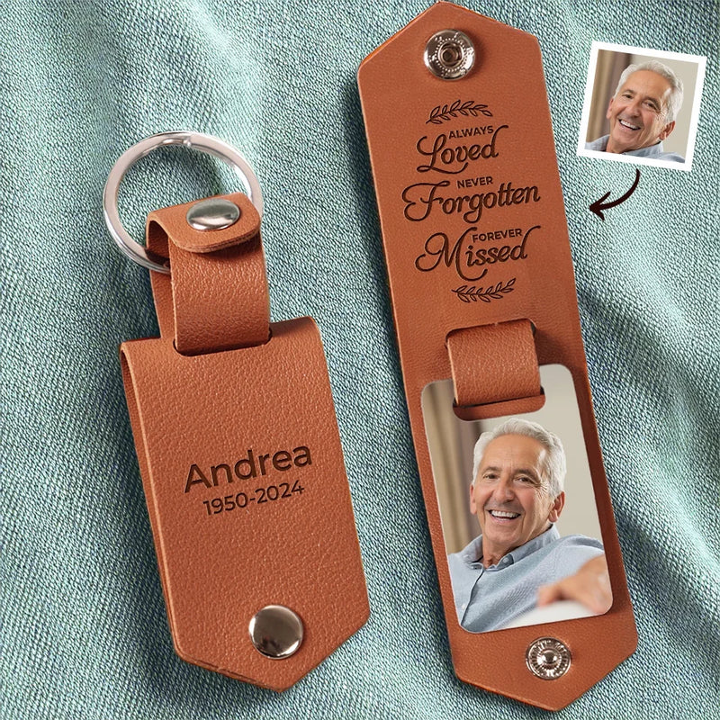 Custom Photo Cherished Memories, Lasting Forever - Memorial Personalized Custom Engraved Leather Keychain - Sympathy Gift For Family Members