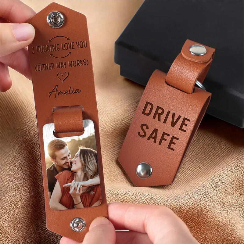 Custom Photo Love Starts With You - Couple Personalized Custom Engraved Leather Keychain - Gift For Husband Wife, Anniversary