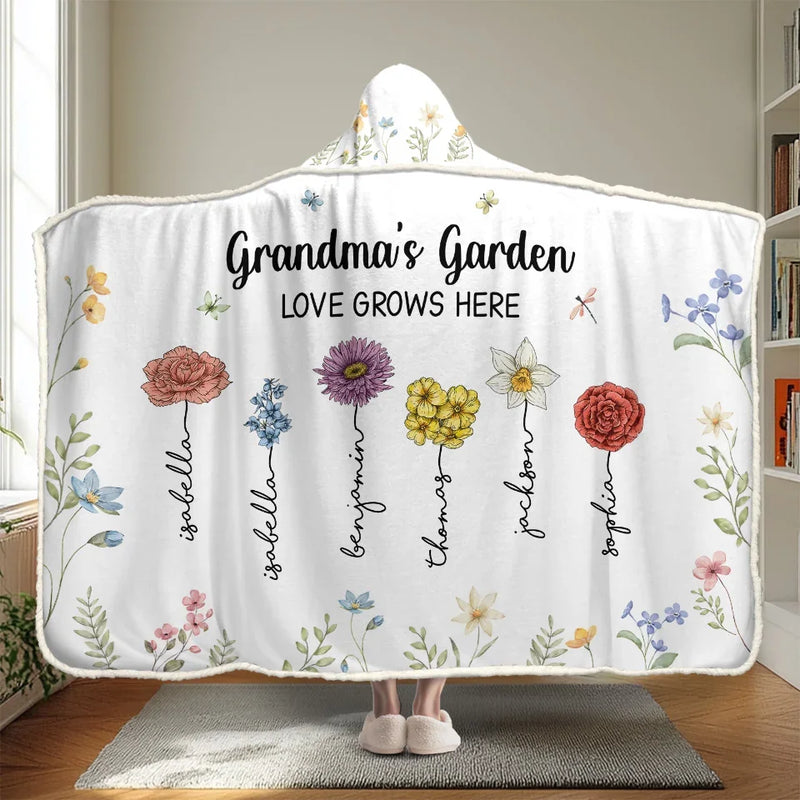 Grandma's Favorite Garden - Family Personalized Custom Snuggle Blanket, Hoodie Blanket - Gift For Mom, Grandma