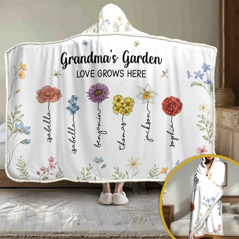 Grandma's Favorite Garden - Family Personalized Custom Snuggle Blanket, Hoodie Blanket - Gift For Mom, Grandma