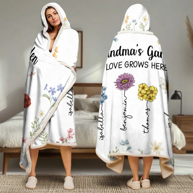 Grandma's Favorite Garden - Family Personalized Custom Snuggle Blanket, Hoodie Blanket - Gift For Mom, Grandma