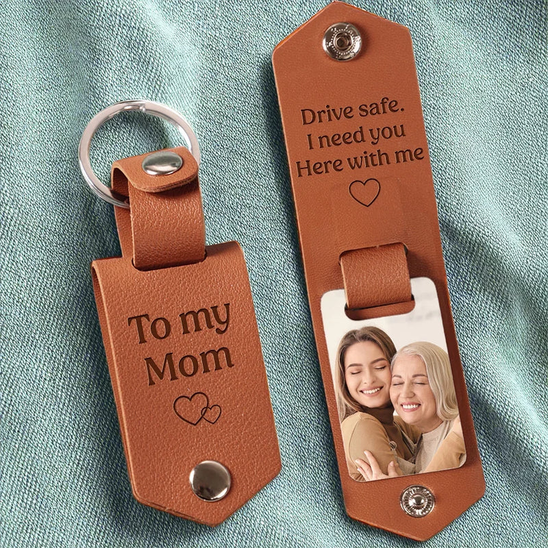 Custom Photo I Need You Here With Me - Family Personalized Custom Engraved Leather Keychain - Gift For Family Members