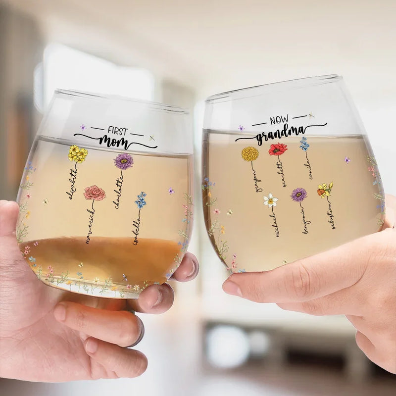 First Mom, Now Grandma - Family Personalized Custom Wine Glass - Gift For Mom, Grandma