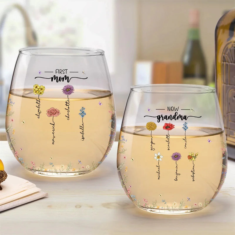 First Mom, Now Grandma - Family Personalized Custom Wine Glass - Gift For Mom, Grandma