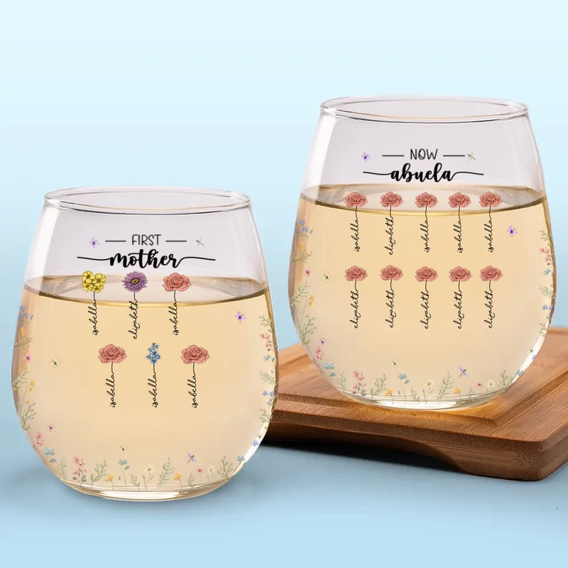 First Mom, Now Grandma - Family Personalized Custom Wine Glass - Gift For Mom, Grandma
