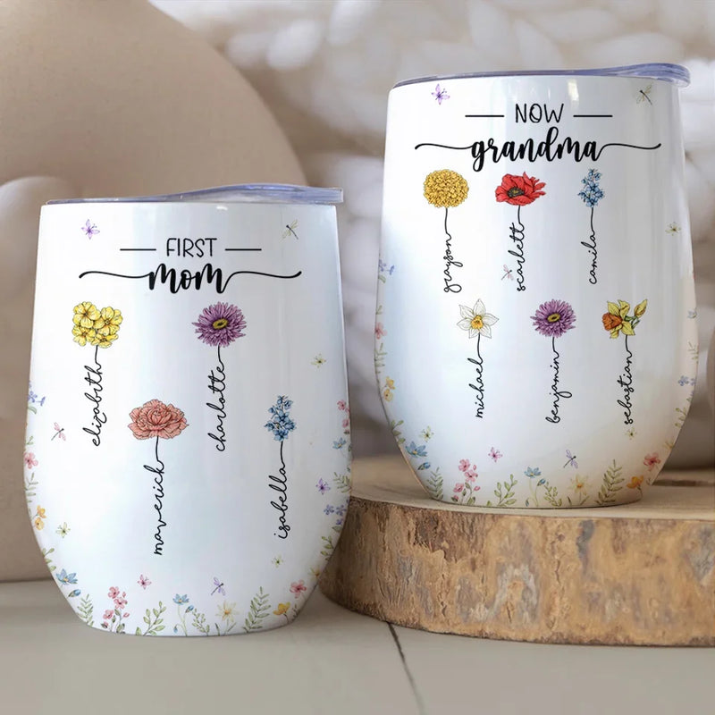 First Mum, Now Nanny - Family Personalized Custom Wine Tumbler - Gift For Mom, Grandma