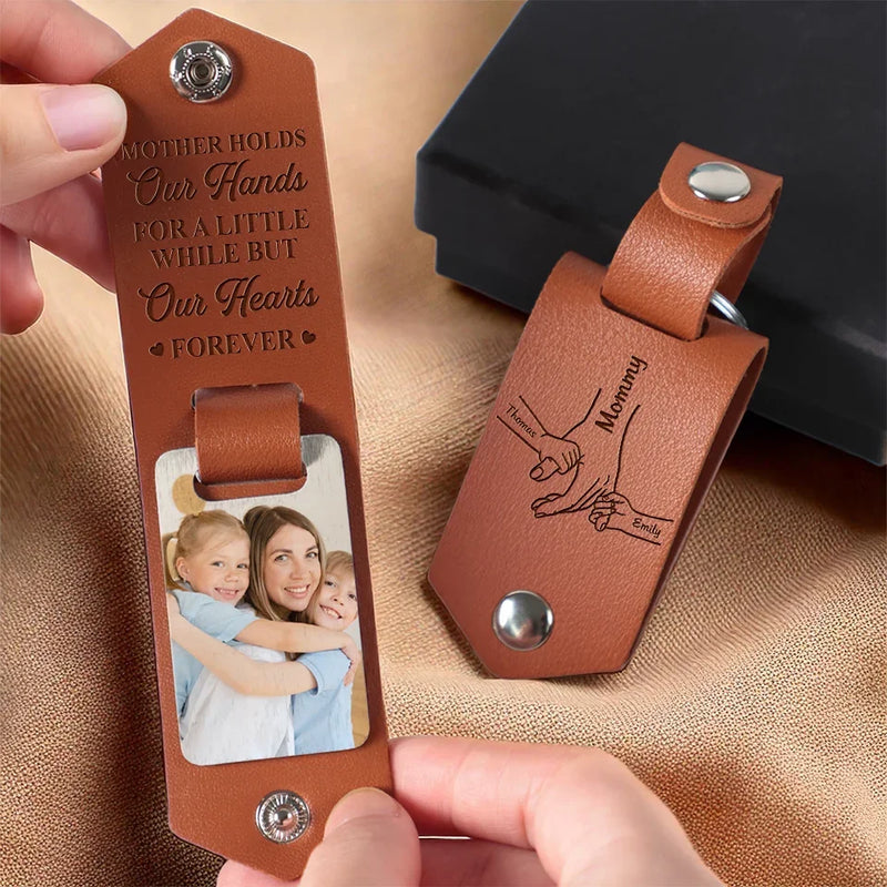 Custom Photo Our Hearts Forever - Family Personalized Custom Engraved Leather Keychain - Gift For Mom, Grandma
