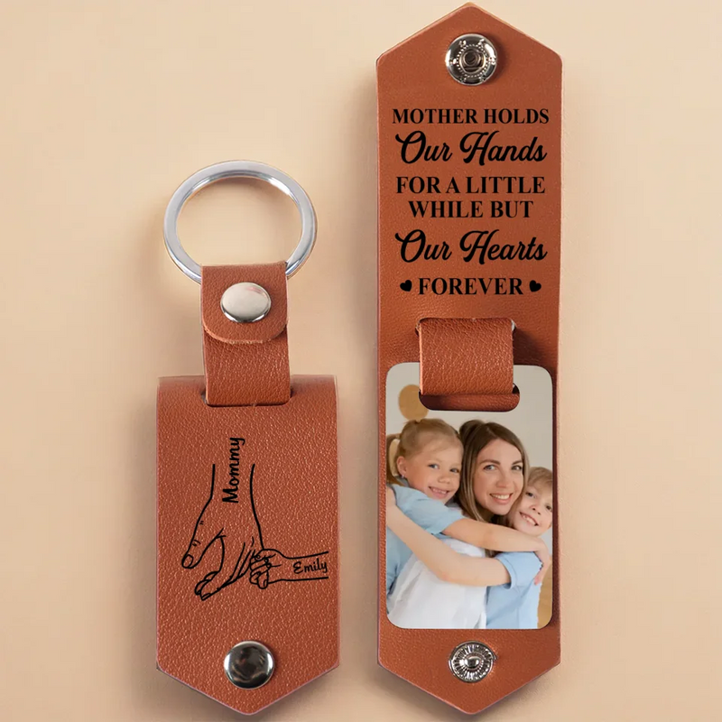 Custom Photo Our Hearts Forever - Family Personalized Custom Engraved Leather Keychain - Gift For Mom, Grandma