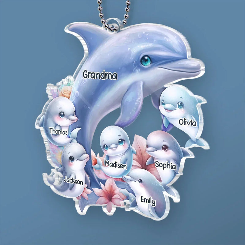 Like A Dolphin, Grandma Brings Joy With Every Wave - Family Personalized Custom Car Ornament - Acrylic Custom Shaped - Gift For Mom, Grandma