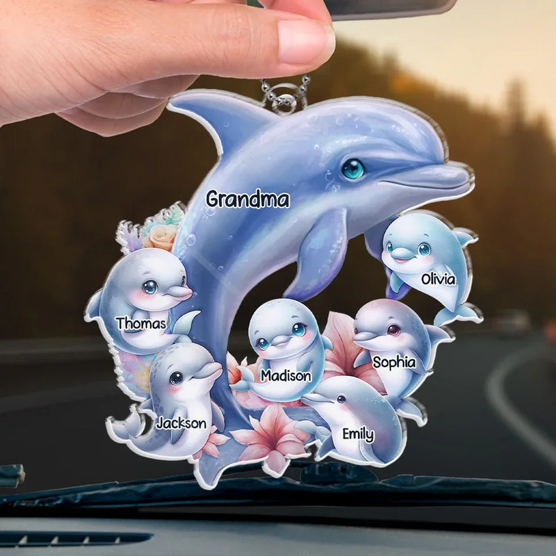 Like A Dolphin, Grandma Brings Joy With Every Wave - Family Personalized Custom Car Ornament - Acrylic Custom Shaped - Gift For Mom, Grandma