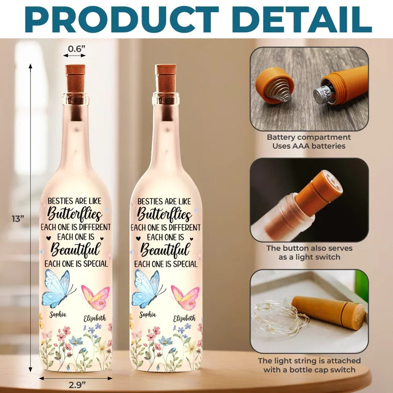 Like Butterflies, We Rise, Transform, And Shine - Bestie Personalized Custom Bottle Lamp - Gift For Best Friends, BFF, Sisters