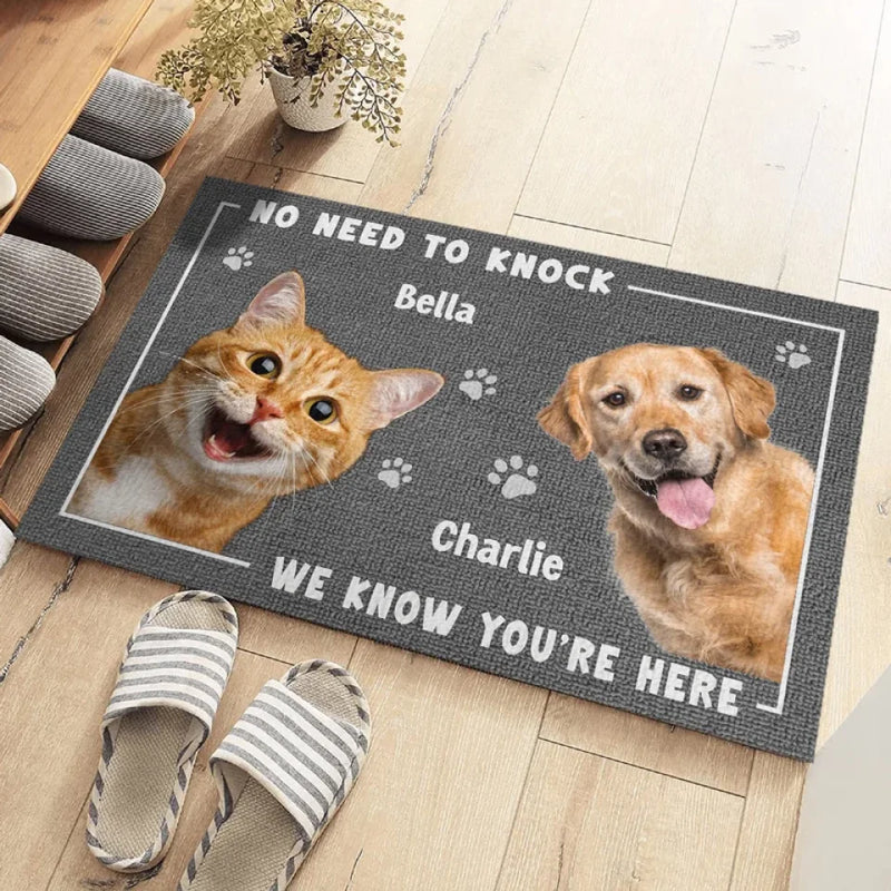 Custom Photo No Need To Knock - Dog & Cat Personalized Custom Home Decor Decorative Mat - House Warming Gift For Pet Owners, Pet Lovers