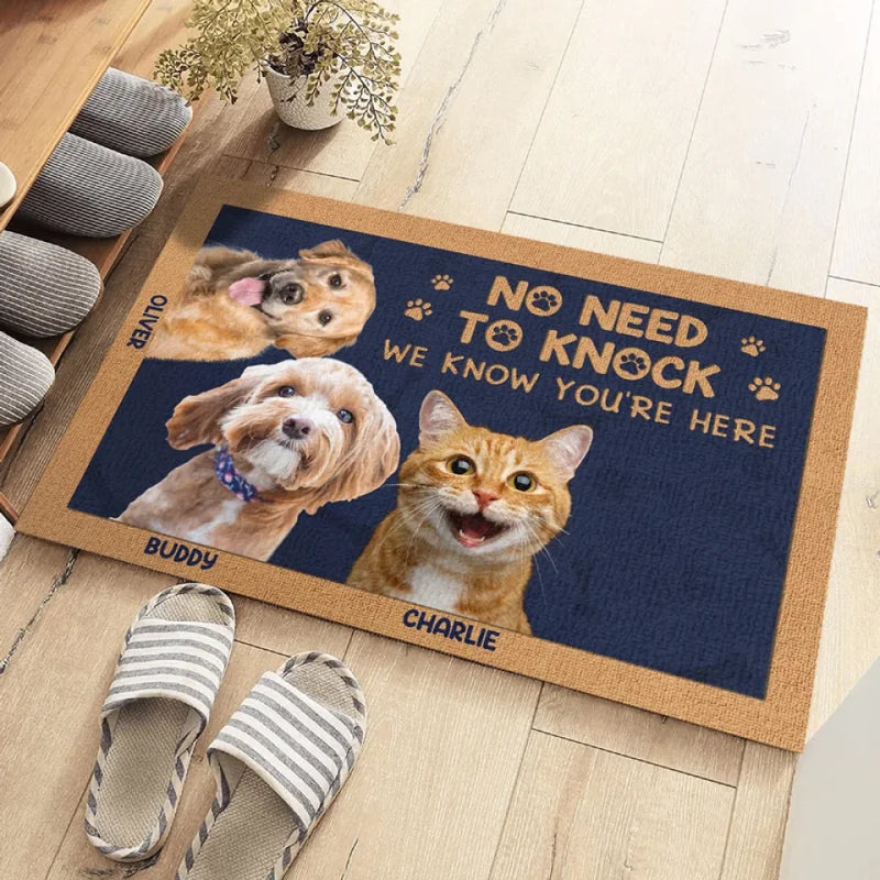 Custom Photo We Know You're Here - Dog & Cat Personalized Custom Home Decor Decorative Mat - House Warming Gift For Pet Owners, Pet Lovers