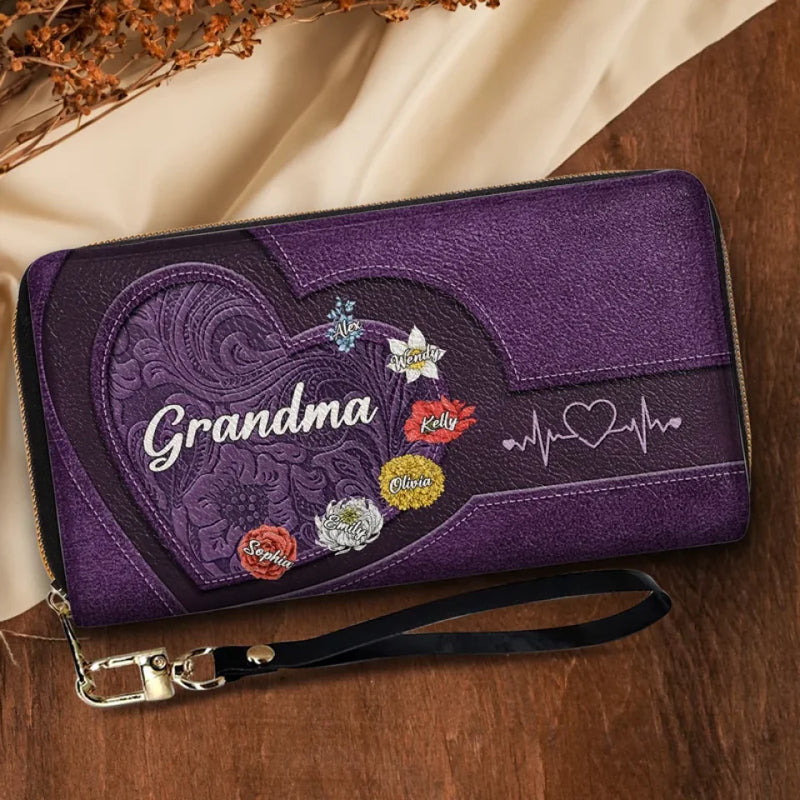 Her Hugs Fix Everything - Family Personalized Custom Leather Long Wallet - Gift For Mom, Grandma