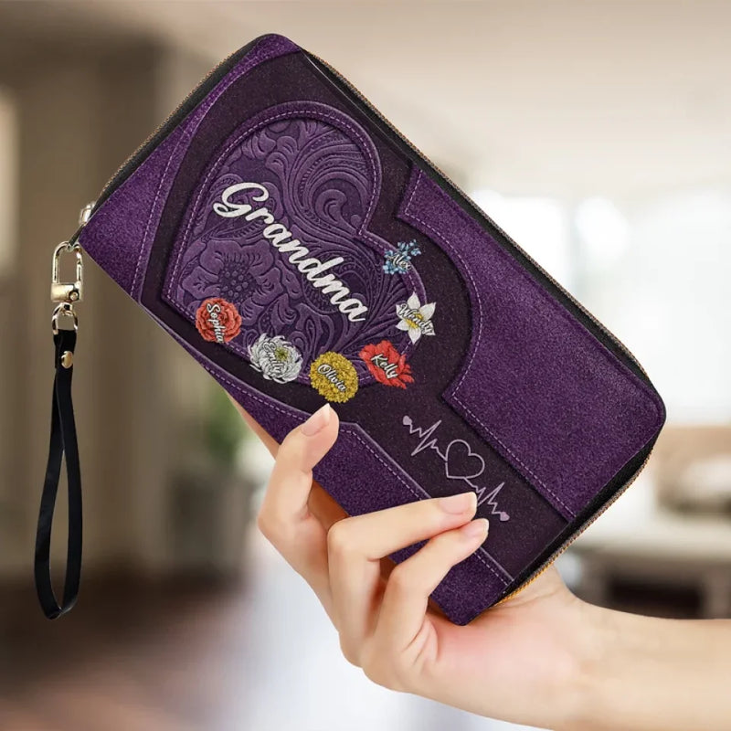 Her Hugs Fix Everything - Family Personalized Custom Leather Long Wallet - Gift For Mom, Grandma