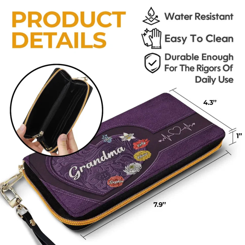 Her Hugs Fix Everything - Family Personalized Custom Leather Long Wallet - Gift For Mom, Grandma
