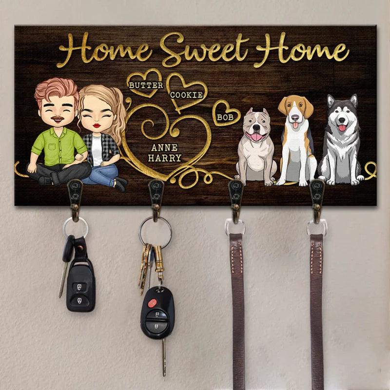Fur, Love, And Family - Couple Personalized Custom Home Decor Key Hanger, Key Holder - House Warming Gift For Family Members, Husband Wife, Anniversary, Pet Owners, Pet Lovers